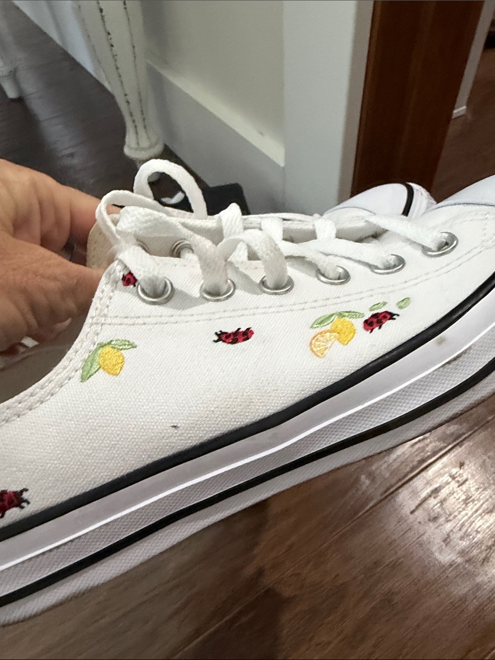Converse White Low-Top Sneakers with Yellow Lemon & Red Ladybug Embroidery - Picture 2 of 9